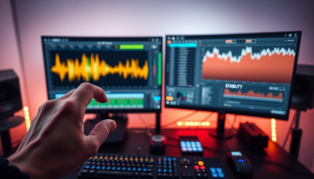 A modern computer workspace featuring a high-end desktop setup with dual monitors displaying digital audio workstation software. In the foreground, a hand is adjusting virtual sliders labeled 'CPU Management' and 'Stability', showcasing elements of CPU optimization. The middle ground includes a sleek mixer interface with colorful waveforms, and a dynamic representation of sound processing, perhaps with graphs indicating CPU load and stability metrics. The background is filled with soft, diffused lighting, creating a calm yet focused atmosphere, complemented by ambient LED lights illuminating the workspace. The scene captures the essence of music production stability while demonstrating technological sophistication, ideal for an article on mixing and effects chains.