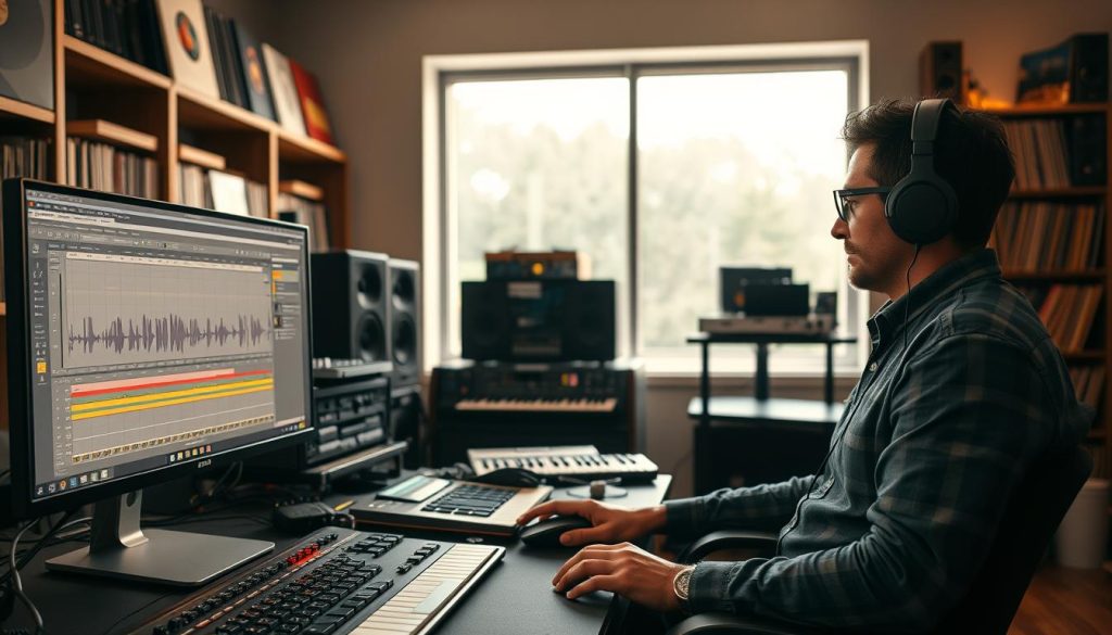 A modern music production studio featuring a digital audio workstation setup. In the foreground, a computer screen displays an intricate Ableton Live session filled with audio tracks and sound waves, surrounded by musical equipment like MIDI keyboards and audio interfaces. In the middle ground, a focused music producer in professional casual attire is sitting at the desk, wearing headphones and using a mouse to adjust the audio levels. The background showcases shelves filled with vinyl records and sound equipment, softly illuminated by warm, ambient lighting. A large window allows natural light to filter in, creating a creative and inspiring atmosphere. The mood conveys concentration and passion for music creation, emphasizing the importance of exporting and sharing musical work.