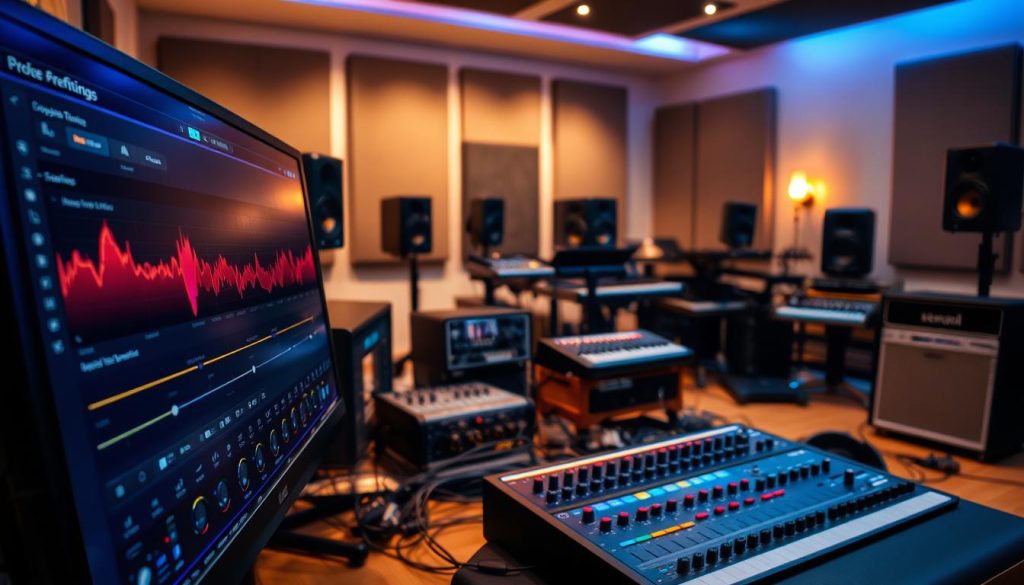 A modern music production studio setting with a focus on audio preference settings and latency management. In the foreground, a sleek computer screen displays vibrant audio waveforms and settings menus, highlighting sliders and knobs essential for audio optimization. The middle ground features a high-end audio interface connected to multiple instruments and monitors, showcased with clear cables and connections. The background includes soundproofed walls and acoustic panels, with warm ambient lighting casting a professional yet inviting atmosphere. Utilize a slightly angled view to capture the depth of the studio, emphasizing the organized workspace. The mood is focused and creative, ideal for musicians configuring software and hardware before crafting their first track.