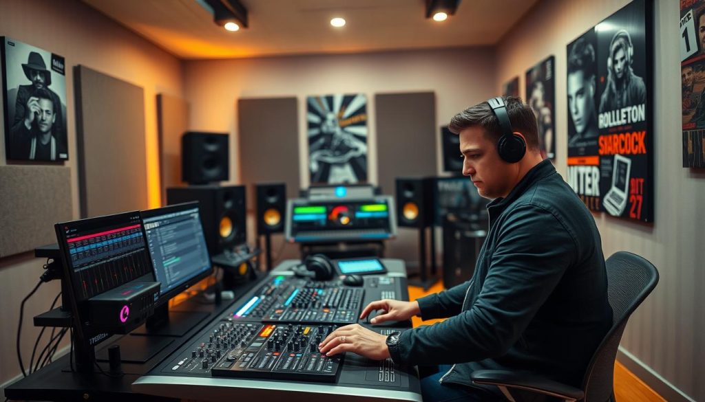 A modern music production studio with a focus on mixing and sound design. In the foreground, a DJ or music producer sits at a sleek, digital audio workstation, mixing tracks on Ableton Live. The producer, dressed in professional casual attire, has a concentrated expression and is adjusting knobs on a digital mixer. In the middle ground, you can see various studio monitors, headphones, and colorful LED lights creating an energetic atmosphere. The background features soundproof walls adorned with acoustic panels and music posters, enhancing the creative vibe. Soft, warm ambient lighting illuminates the workspace, casting gentle shadows. The overall mood is focused and inspiring, perfect for the art of music production and mastering.