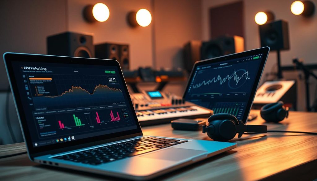 A sleek, modern computer setup showcasing the CPU performance stability for music production. In the foreground, a high-end laptop with a visible CPU monitoring software interface, displaying real-time statistics in vibrant colors. The middle ground features an organized desk with audio equipment, MIDI controllers, and studio headphones, subtly hinting at a live performance environment. The background includes soft-lit LED studio lights and a soundproof wall, enhancing the professional ambiance. The scene is illuminated with warm, focused lighting, creating a cozy yet high-tech atmosphere. The composition captures a sense of creativity and productivity, appealing to musicians and sound engineers preparing for live performances. The angle is at a slight tilt, providing a dynamic perspective on the setup. A sleek, modern computer setup showcasing the CPU performance stability for music production. In the foreground, a high-end laptop with a visible CPU monitoring software interface, displaying real-time statistics in vibrant colors. The middle ground features an organized desk with audio equipment, MIDI controllers, and studio headphones, subtly hinting at a live performance environment. The background includes soft-lit LED studio lights and a soundproof wall, enhancing the professional ambiance. The scene is illuminated with warm, focused lighting, creating a cozy yet high-tech atmosphere. The composition captures a sense of creativity and productivity, appealing to musicians and sound engineers preparing for live performances. The angle is at a slight tilt, providing a dynamic perspective on the setup.