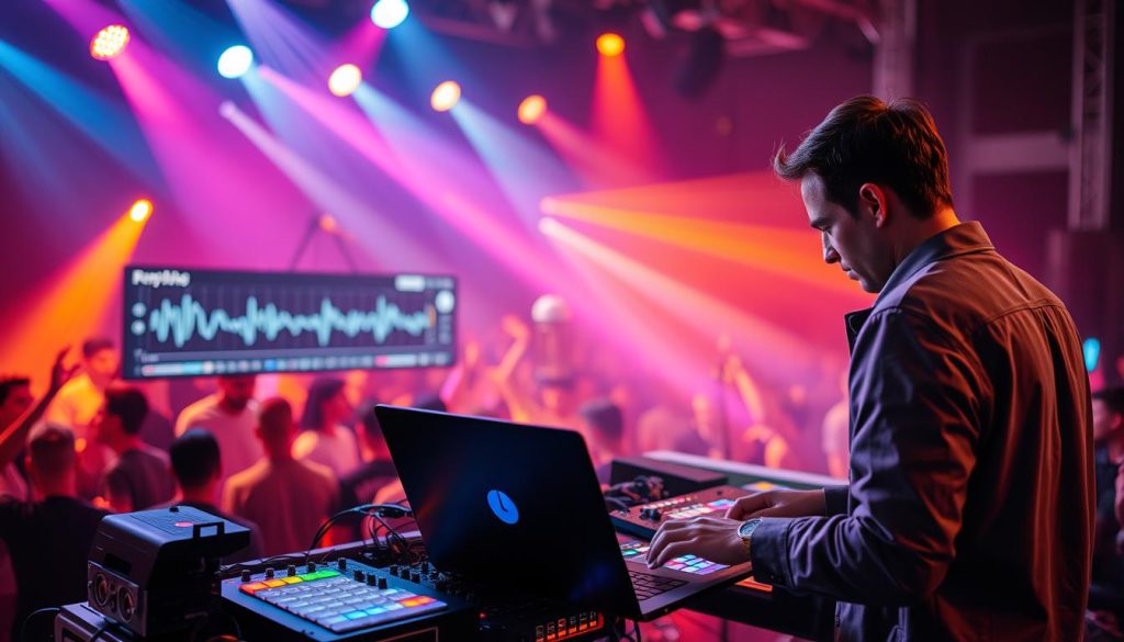 A vibrant, high-energy scene depicting a professional musician managing an Ableton Live setup on stage. In the foreground, a focused artist dressed in smart casual attire adjusts a laptop, surrounded by MIDI controllers and a colorful array of LED lights. In the middle ground, a sleek digital display shows synchronized waveforms and a metronome, visually representing tempo and synchronization. The background features an enthusiastic audience with blurred outlines, immersed in the performance. Warm, dynamic stage lighting casts colorful beams, enhancing the atmosphere of creativity and control. The overall mood is electric, emphasizing a sense of mastery over technology in a live music setting. The composition should have a slightly angled perspective to capture depth and action. A vibrant, high-energy scene depicting a professional musician managing an Ableton Live setup on stage. In the foreground, a focused artist dressed in smart casual attire adjusts a laptop, surrounded by MIDI controllers and a colorful array of LED lights. In the middle ground, a sleek digital display shows synchronized waveforms and a metronome, visually representing tempo and synchronization. The background features an enthusiastic audience with blurred outlines, immersed in the performance. Warm, dynamic stage lighting casts colorful beams, enhancing the atmosphere of creativity and control. The overall mood is electric, emphasizing a sense of mastery over technology in a live music setting. The composition should have a slightly angled perspective to capture depth and action.