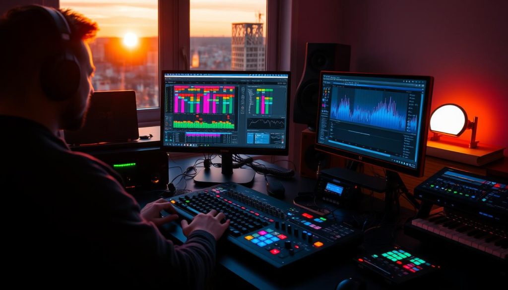 A visually rich workspace showcasing a digital audio workstation (DAW) interface with a focus on Ableton Live. In the foreground, an artist diligently adjusts colorful presets and effect racks on the computer screen, surrounded by professional audio equipment like headphones and MIDI controllers, illuminated by soft LED lighting. The middle ground features elements like a mixing console and a variety of audio plugins ensuring a creative atmosphere. In the background, a window reveals a sunset casting warm glow, enhancing the mood of productivity and innovation. The overall ambiance is one of dynamic creativity, emphasizing the concept of using presets and hot swapping effects to streamline the music mixing workflow.
