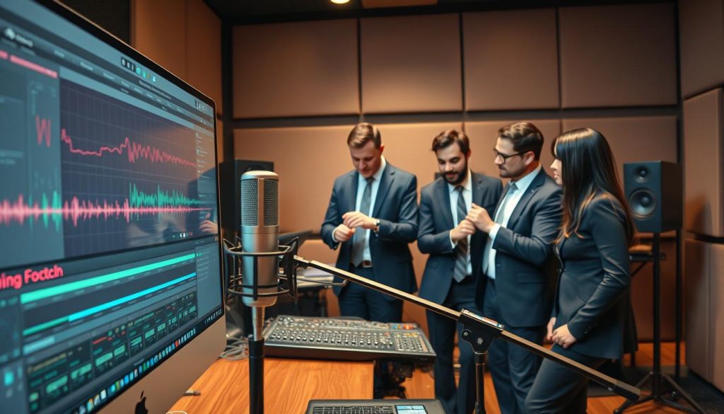A detailed and engaging workspace showcasing a modern digital music production environment centered around Ableton Live. In the foreground, a high-resolution screen displays the interface of Ableton Live, with vibrant waveforms and pitch correction tools visible. A sleek microphone stands on a professional microphone stand, capturing vocals. In the middle, a diverse group of three musicians—each dressed in professional business attire—collaborate actively, adjusting knobs and discussing sound. The background features acoustic panels and studio monitors, emphasizing the creative atmosphere. Warm, diffused lighting casts a cozy glow, enhancing the focus on the creative process. The scene should convey a sense of collaboration, innovation, and professionalism in contemporary music production. A detailed and engaging workspace showcasing a modern digital music production environment centered around Ableton Live. In the foreground, a high-resolution screen displays the interface of Ableton Live, with vibrant waveforms and pitch correction tools visible. A sleek microphone stands on a professional microphone stand, capturing vocals. In the middle, a diverse group of three musicians—each dressed in professional business attire—collaborate actively, adjusting knobs and discussing sound. The background features acoustic panels and studio monitors, emphasizing the creative atmosphere. Warm, diffused lighting casts a cozy glow, enhancing the focus on the creative process. The scene should convey a sense of collaboration, innovation, and professionalism in contemporary music production.