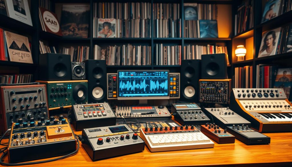 A dynamic and visually rich studio scene showcasing various audio effects and modulation tools used in music production. In the foreground, a selection of professional audio equipment, including effect pedals, modulation synths, and control surfaces, artistically arranged on a polished wooden desk. In the middle, an illuminated digital interface displaying waveforms and modulation parameters, creating a sense of interaction and control. In the background, shelves lined with vinyl records and sound design books, softly illuminated by warm light. The atmosphere is vibrant and creative, evoking the feeling of a bustling music studio. Use bright, engaging colors and highlight the intricate details of the equipment while maintaining a depth of field that draws focus to the foreground instruments.