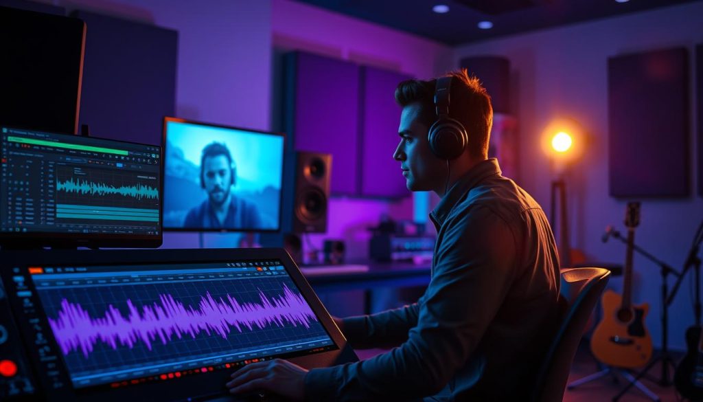 A dynamic audio production scene showcasing "vocal effects" creatively represented. In the foreground, a digital audio workstation interface displaying vibrant audio waveforms and harmonies, with colorful sound effects like Auto Shift, blending shades of blue and purple. In the middle, a focused musician, dressed in smart casual attire, seated at a computer with headphones, illustrating concentration and creativity. The background features a modern studio setting with acoustic panels and musical instruments, bathed in soft, ambient lighting that gives a warm and inspiring mood. A moody atmosphere is conveyed with a slight lens flare, emphasizing innovation in music production. The scene conveys a sense of exploration and creativity in vocal harmony and effects without text or distractions. A dynamic audio production scene showcasing "vocal effects" creatively represented. In the foreground, a digital audio workstation interface displaying vibrant audio waveforms and harmonies, with colorful sound effects like Auto Shift, blending shades of blue and purple. In the middle, a focused musician, dressed in smart casual attire, seated at a computer with headphones, illustrating concentration and creativity. The background features a modern studio setting with acoustic panels and musical instruments, bathed in soft, ambient lighting that gives a warm and inspiring mood. A moody atmosphere is conveyed with a slight lens flare, emphasizing innovation in music production. The scene conveys a sense of exploration and creativity in vocal harmony and effects without text or distractions.