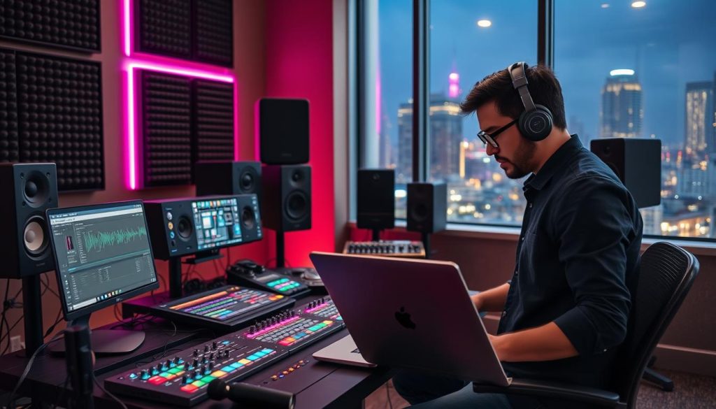 A dynamic music production scene showcasing a modern studio setup for preparing a live session with Ableton Live. In the foreground, a professional wearing smart casual attire is intently focused on a laptop, with visual elements from the software visible on the screen. The middle ground features a digital audio interface and various studio monitors, while colorful LED lights accentuate the workspace, creating a vibrant atmosphere. In the background, a soundproofed wall adorned with acoustic panels enhances the sound quality, while a large window reveals a nighttime cityscape outside, casting a warm glow through the studio. The overall mood is energetic and creative, reflecting the excitement of managing tempo during live performances. Bright, focused lighting highlights the main subject and gear, ensuring clarity and emphasis on the preparation process. A dynamic music production scene showcasing a modern studio setup for preparing a live session with Ableton Live. In the foreground, a professional wearing smart casual attire is intently focused on a laptop, with visual elements from the software visible on the screen. The middle ground features a digital audio interface and various studio monitors, while colorful LED lights accentuate the workspace, creating a vibrant atmosphere. In the background, a soundproofed wall adorned with acoustic panels enhances the sound quality, while a large window reveals a nighttime cityscape outside, casting a warm glow through the studio. The overall mood is energetic and creative, reflecting the excitement of managing tempo during live performances. Bright, focused lighting highlights the main subject and gear, ensuring clarity and emphasis on the preparation process.