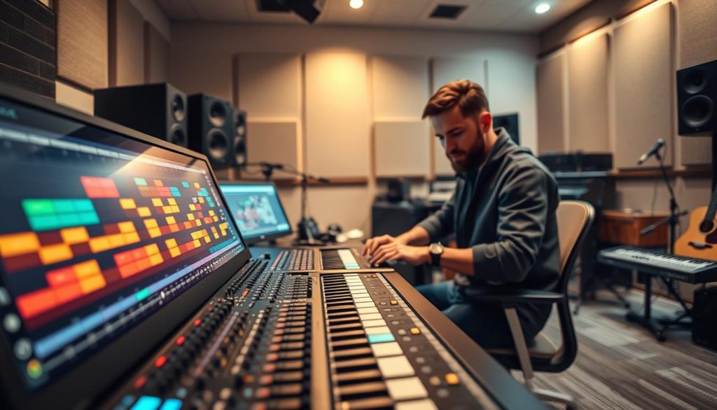 A dynamic workspace showcases a digital audio workstation with a colorful sequencer interface prominently displayed in the foreground. Vivid blocks represent different musical notes and rhythms flowing rhythmically across the screen, glowing softly. In the middle ground, a musician sits focused at a sleek desk, adjusting knobs and buttons on an array of innovative controllers wearing casual yet professional attire. The background features a softly illuminated studio filled with soundproofing panels and various musical instruments, invoking a creative atmosphere. Warm, ambient lighting bathes the scene, creating an inviting and inspiring mood while soft shadows enhance depth. A close-up perspective captures the intricate details of the sequencer and musician’s expressions, emphasizing the connection between technology and creativity.