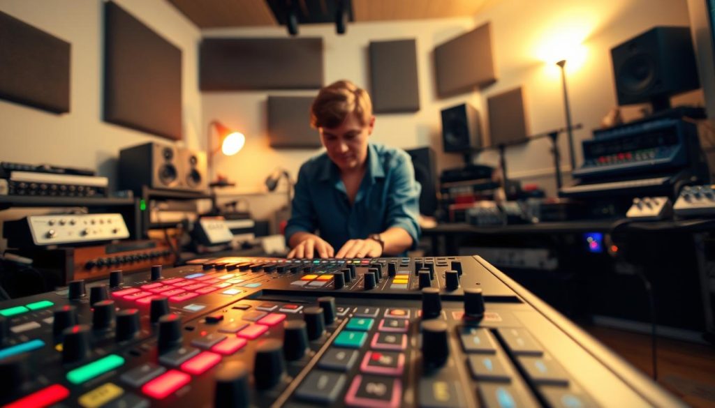 A modern MIDI controller prominently featured in the foreground, showcasing an intricate layout with knobs, sliders, and colorful LED lights. In the middle ground, a musician is positioned, wearing casual but neat attire, expertly navigating the controller while surrounded by various loop pedals and effects units. The background features a softly lit home studio, filled with recording equipment and acoustic panels, casting a warm, inviting atmosphere. The lighting is dramatic but balanced, highlighting the musician's focused expression and the vibrant colors of the MIDI controller. The angle captures the depth of the scene, emphasizing the interaction between the artist and their tools, fostering a creative, energetic mood. A modern MIDI controller prominently featured in the foreground, showcasing an intricate layout with knobs, sliders, and colorful LED lights. In the middle ground, a musician is positioned, wearing casual but neat attire, expertly navigating the controller while surrounded by various loop pedals and effects units. The background features a softly lit home studio, filled with recording equipment and acoustic panels, casting a warm, inviting atmosphere. The lighting is dramatic but balanced, highlighting the musician's focused expression and the vibrant colors of the MIDI controller. The angle captures the depth of the scene, emphasizing the interaction between the artist and their tools, fostering a creative, energetic mood.