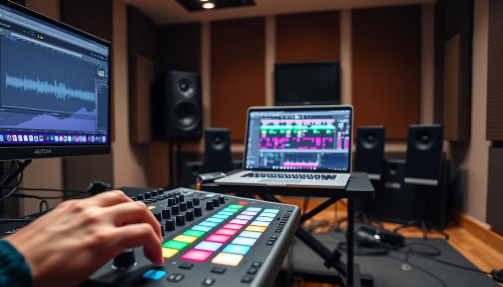 A modern digital audio workstation setup in a well-lit recording studio, focused on an Ableton Live interface displayed on a high-resolution monitor. The foreground shows hands adjusting knobs on a sleek MIDI controller with colorful LED lights, emphasizing audio recording and live looping capabilities. In the middle ground, an open laptop displays the Ableton Live session view, with audio tracks and clips clearly visible, capturing the essence of performance preparation. The background features soundproof walls adorned with acoustic panels, and a subtle warm lighting creates a professional yet inviting atmosphere. The shot is taken from a slightly elevated angle to emphasize the workspace and equipment's functionality, showcasing the vibrant energy of music creation. A modern digital audio workstation setup in a well-lit recording studio, focused on an Ableton Live interface displayed on a high-resolution monitor. The foreground shows hands adjusting knobs on a sleek MIDI controller with colorful LED lights, emphasizing audio recording and live looping capabilities. In the middle ground, an open laptop displays the Ableton Live session view, with audio tracks and clips clearly visible, capturing the essence of performance preparation. The background features soundproof walls adorned with acoustic panels, and a subtle warm lighting creates a professional yet inviting atmosphere. The shot is taken from a slightly elevated angle to emphasize the workspace and equipment's functionality, showcasing the vibrant energy of music creation.