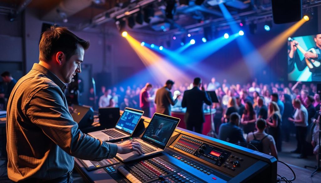 A vibrant and dynamic concert scene capturing the essence of performance safety in a live music setting. In the foreground, a focused sound engineer wearing smart casual attire adjusts audio levels on a mixing console, surrounded by essential equipment like laptops and monitors. The middle ground features musicians on stage, clad in professional attire, collaborating seamlessly as they prepare for their performance, with a click track visually represented through a rhythmic light pattern. In the background, a swirling crowd with colorful stage lights creates an electric atmosphere. The lighting casts a warm, inviting glow while hints of blue accentuate the technical aspects. The mood conveys professionalism and creativity, emphasizing the importance of preparation and adaptability in live performances. A vibrant and dynamic concert scene capturing the essence of performance safety in a live music setting. In the foreground, a focused sound engineer wearing smart casual attire adjusts audio levels on a mixing console, surrounded by essential equipment like laptops and monitors. The middle ground features musicians on stage, clad in professional attire, collaborating seamlessly as they prepare for their performance, with a click track visually represented through a rhythmic light pattern. In the background, a swirling crowd with colorful stage lights creates an electric atmosphere. The lighting casts a warm, inviting glow while hints of blue accentuate the technical aspects. The mood conveys professionalism and creativity, emphasizing the importance of preparation and adaptability in live performances.