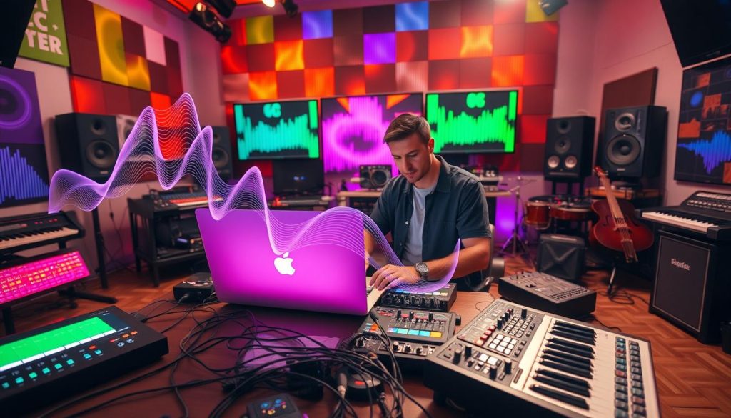 A vibrant and dynamic scene showcasing a modern music producer using Ableton Live with loopers, set in a creative studio environment. In the foreground, the producer, dressed in casual yet professional attire, is focused on a sleek, illuminated laptop surrounded by various MIDI controllers and effects pedals. In the middle ground, abstract waveforms and rhythmic patterns swirl visually around the producer, representing the manipulation of sound in real-time. The background features colorful sound panels and an array of musical instruments, creating an atmosphere of creativity and innovation. The lighting is soft yet bright, emphasizing a warm and inspiring mood, while a wide-angle view captures the entire setup, enhancing the sense of immersion in the creative process. A vibrant and dynamic scene showcasing a modern music producer using Ableton Live with loopers, set in a creative studio environment. In the foreground, the producer, dressed in casual yet professional attire, is focused on a sleek, illuminated laptop surrounded by various MIDI controllers and effects pedals. In the middle ground, abstract waveforms and rhythmic patterns swirl visually around the producer, representing the manipulation of sound in real-time. The background features colorful sound panels and an array of musical instruments, creating an atmosphere of creativity and innovation. The lighting is soft yet bright, emphasizing a warm and inspiring mood, while a wide-angle view captures the entire setup, enhancing the sense of immersion in the creative process.