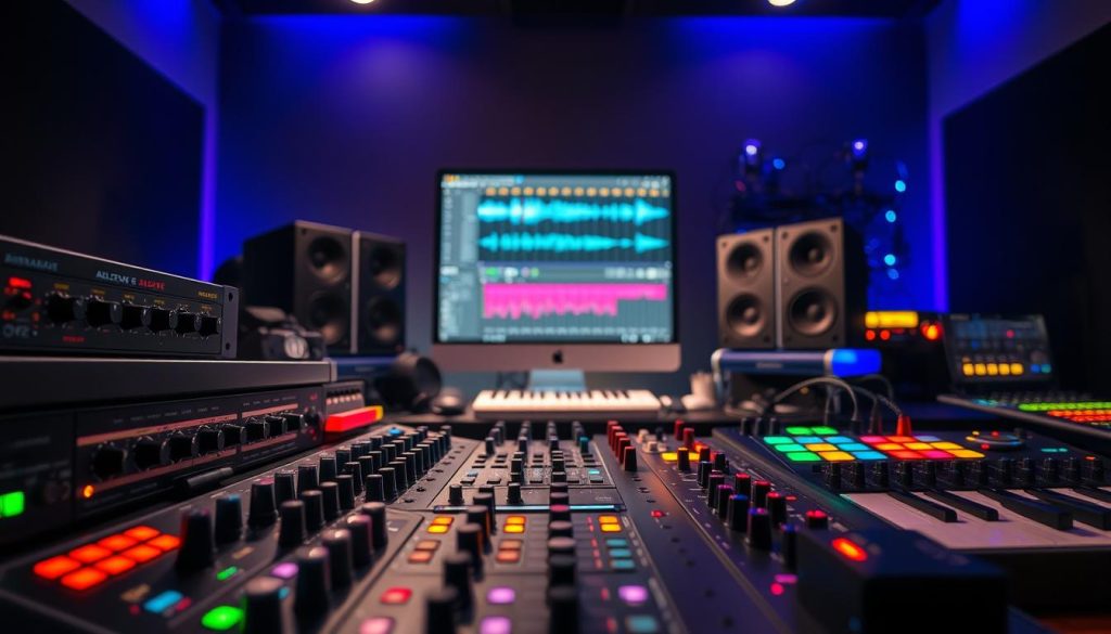 A vibrant digital audio workspace showcasing a detailed audio effect signal interface. In the foreground, highlight an array of sleek audio effects racks and MIDI instruments with colorful knobs, sliders, and glowing LED indicators. The middle ground features a computer screen displaying Ableton Live, with a sequencer and waveform visualizations, set against a dark, ambient backdrop, creating a contrast. In the background, soft diffused lighting emanates from studio monitors and an intricate patch bay, enhancing the creative atmosphere. Incorporate reflections on surfaces for added depth and realism, captured from a slightly elevated angle to emphasize the complexity and precision of the audio production workspace. The overall mood conveys innovation, focus, and collaboration in music creation.