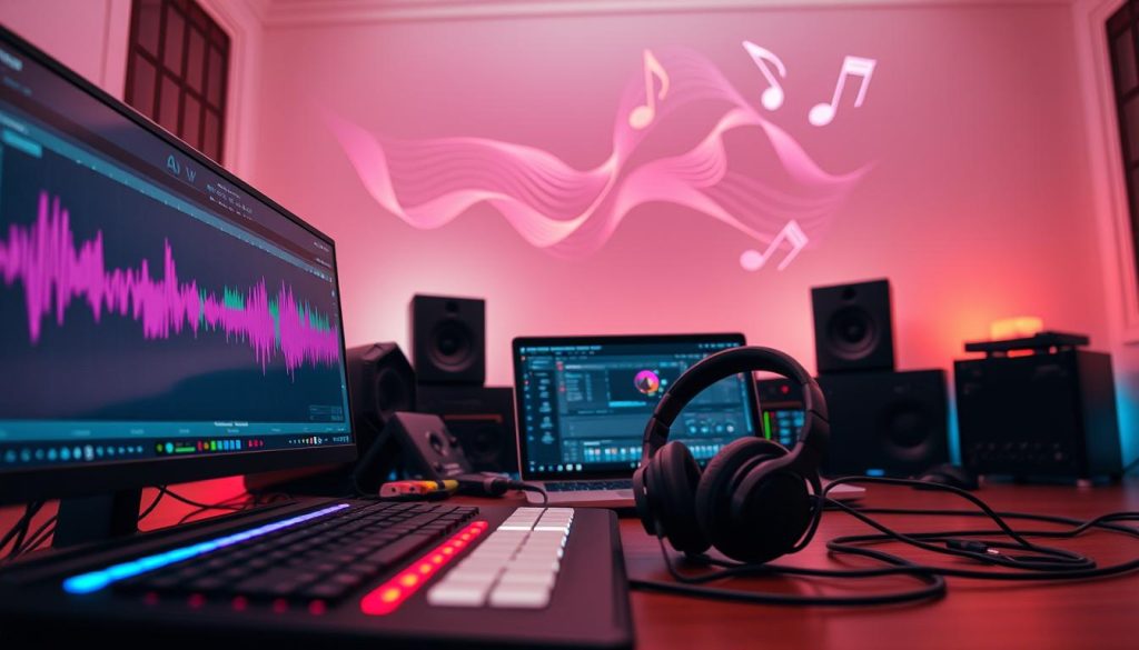 A vibrant digital workspace for music production, showcasing an immersive environment filled with creative energy. In the foreground, a sleek Ableton Live interface on a high-resolution monitor, with colorful waveforms and control knobs beautifully illuminated. In the middle, a laptop with an open Max for Live project, surrounded by audio cables and high-quality headphones, suggesting a hands-on creative process. The background features abstract visual representations of sound waves and musical notes floating in the air, signifying connection and inspiration. Soft, warm lighting fills the room, creating a welcoming atmosphere, while a low angle captures the depth of the scene, inviting viewers into this dynamic environment of audio innovation.