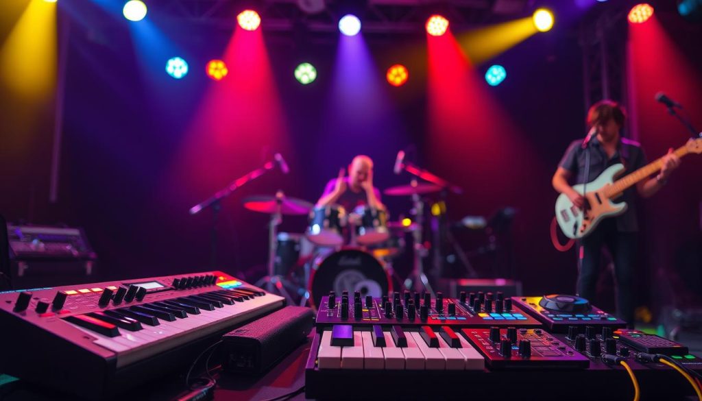 A vibrant live music setting showcasing an array of musical instruments and controllers on a well-lit stage. In the foreground, focus on a sleek MIDI keyboard and a high-tech DJ controller, both illuminated by colorful stage lights. The middle ground features a dynamic electronic drum set and a vintage guitar, creating a blend of modern and classic aesthetics. The background consists of blurred silhouettes of musicians passionately performing, capturing the energy of a live concert. Utilize dynamic angles to highlight the instruments, creating depth. The atmosphere is electric, with an array of colorful lighting effects that reflect the excitement of a live performance, set against a dark, moody background for contrast. A vibrant live music setting showcasing an array of musical instruments and controllers on a well-lit stage. In the foreground, focus on a sleek MIDI keyboard and a high-tech DJ controller, both illuminated by colorful stage lights. The middle ground features a dynamic electronic drum set and a vintage guitar, creating a blend of modern and classic aesthetics. The background consists of blurred silhouettes of musicians passionately performing, capturing the energy of a live concert. Utilize dynamic angles to highlight the instruments, creating depth. The atmosphere is electric, with an array of colorful lighting effects that reflect the excitement of a live performance, set against a dark, moody background for contrast.