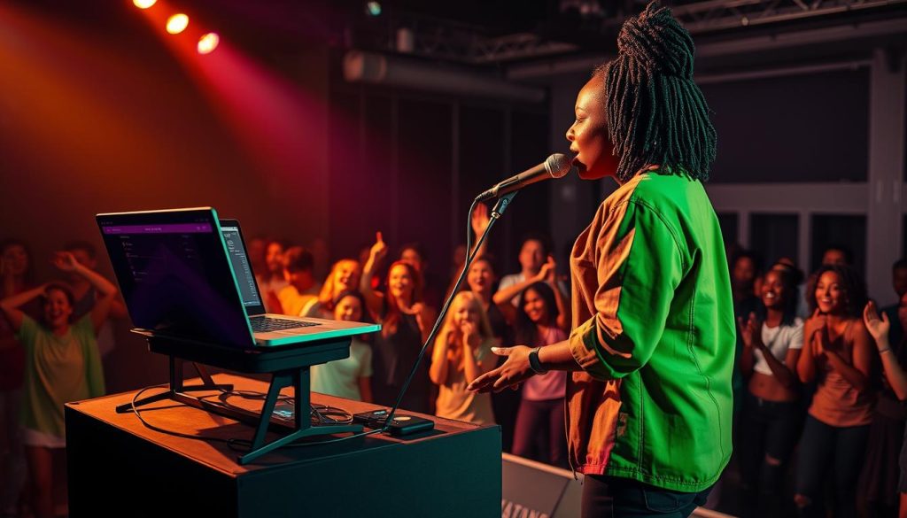 A vibrant live performance scene showcasing a professional musician on stage, operating a laptop with Ableton Live software open. The musician, a Black woman in stylish casual attire, passionately sings into a microphone while using a pitch correction device. The foreground includes colorful stage lights casting dynamic shadows, creating an energetic atmosphere. In the middle ground, a diverse group of enthusiastic audience members are captivated, dancing and cheering. The background features a modern stage setup with visible speakers and sound equipment, all under a soft, warm light that adds to the excitement. The mood is lively and inspiring, reflecting the transition from studio to live performance in the music industry. A vibrant live performance scene showcasing a professional musician on stage, operating a laptop with Ableton Live software open. The musician, a Black woman in stylish casual attire, passionately sings into a microphone while using a pitch correction device. The foreground includes colorful stage lights casting dynamic shadows, creating an energetic atmosphere. In the middle ground, a diverse group of enthusiastic audience members are captivated, dancing and cheering. The background features a modern stage setup with visible speakers and sound equipment, all under a soft, warm light that adds to the excitement. The mood is lively and inspiring, reflecting the transition from studio to live performance in the music industry.