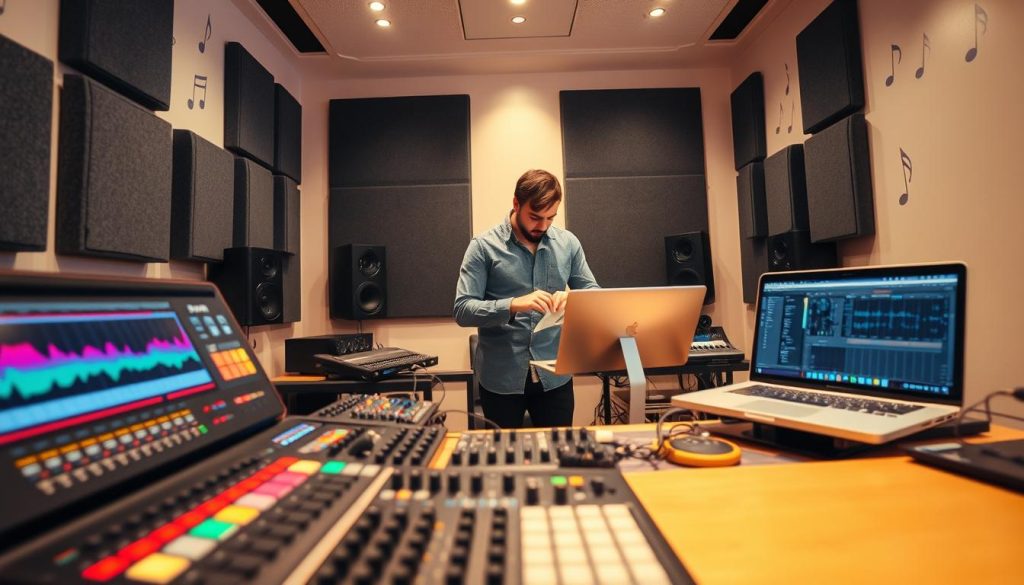 A vibrant, modern music studio scene focusing on a "stems pistes set" in the foreground. The setup includes multiple digital audio workstations displaying colorful waveforms, MIDI controllers, and a sleek laptop with music production software open. In the middle ground, a musician wearing smart casual clothing is intently working, adjusting knobs and monitoring sound levels. The background features soundproofed walls adorned with musical notes and acoustic panels, giving a professional vibe. Soft, warm lighting illuminates the scene, creating an inviting atmosphere. The camera angle is slightly elevated, capturing both the equipment and the musician, emphasizing the connection between technology and live performance. The overall mood is creative and focused, ideal for showcasing the intricacies of building a reliable multi-track set from studio to stage. A vibrant, modern music studio scene focusing on a "stems pistes set" in the foreground. The setup includes multiple digital audio workstations displaying colorful waveforms, MIDI controllers, and a sleek laptop with music production software open. In the middle ground, a musician wearing smart casual clothing is intently working, adjusting knobs and monitoring sound levels. The background features soundproofed walls adorned with musical notes and acoustic panels, giving a professional vibe. Soft, warm lighting illuminates the scene, creating an inviting atmosphere. The camera angle is slightly elevated, capturing both the equipment and the musician, emphasizing the connection between technology and live performance. The overall mood is creative and focused, ideal for showcasing the intricacies of building a reliable multi-track set from studio to stage.
