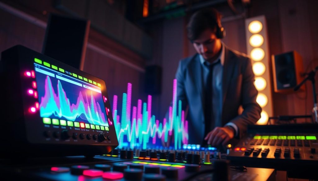 A visually captivating depiction of a "synchronisation tempo looper." The foreground showcases a sleek digital looper device with vibrant LED lights flashing in rhythm, capturing the essence of tempo control. The middle layer features colorful sound waveforms emanating from the device, illustrating real-time audio synchronization. In the background, an artist is positioned at a control station, dressed in smart casual attire, focused on creating music. Soft, ambient lighting highlights the workspace, with faint reflections from music equipment enhancing a professional atmosphere. The angle captures the action from a slight overhead perspective, inviting the viewer into the creative process of live looping. The overall mood is dynamic and immersive, emphasizing the connection between technology and art in music production. A visually captivating depiction of a "synchronisation tempo looper." The foreground showcases a sleek digital looper device with vibrant LED lights flashing in rhythm, capturing the essence of tempo control. The middle layer features colorful sound waveforms emanating from the device, illustrating real-time audio synchronization. In the background, an artist is positioned at a control station, dressed in smart casual attire, focused on creating music. Soft, ambient lighting highlights the workspace, with faint reflections from music equipment enhancing a professional atmosphere. The angle captures the action from a slight overhead perspective, inviting the viewer into the creative process of live looping. The overall mood is dynamic and immersive, emphasizing the connection between technology and art in music production.